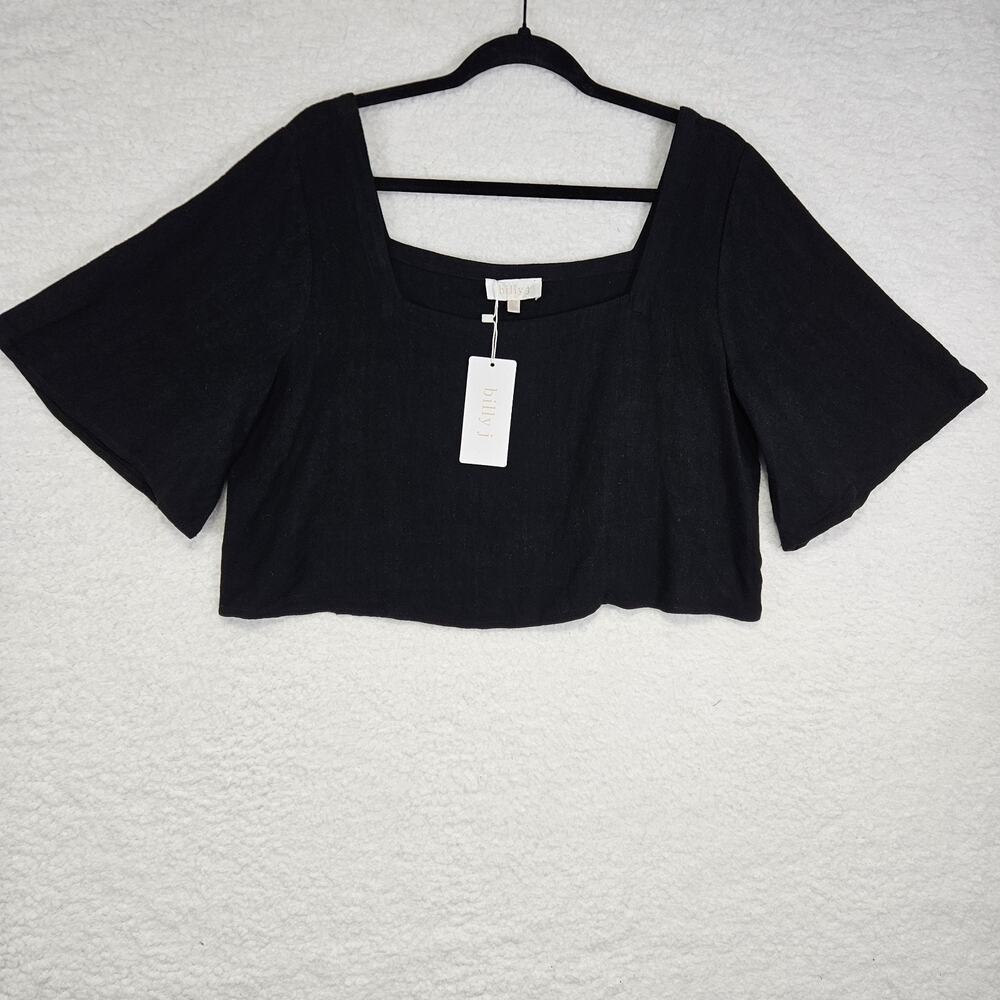 100% Linen Black Square Neck Short Sleeve Cropped Boxy Festival Pullover Top 14